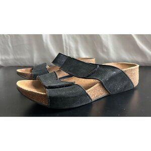 Arcopedico Cork Sole Wedge Slip On Sandal Adjustable Straps Black Leather 37 6.5